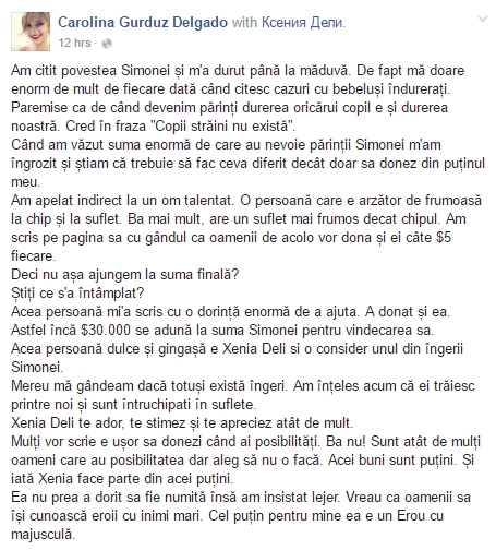 Xenia Deli a donat 30.000 de dolari unui copil bolnav de leucemie