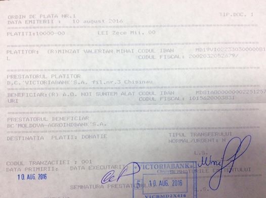Valerian Minzat a publicat o poza cu factura de la banca in care este indicata suma pe care a donat-o