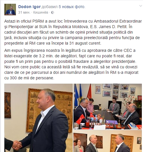 Dodon se lauda cu vizita ambasadorului SUA:"In cadrul discutiei am facut un schimb de opinii privind situatia politica din tara"
