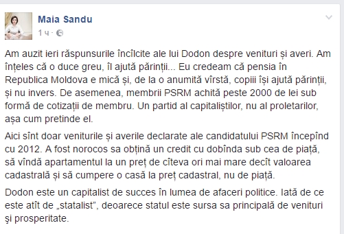 Maia Sandu, despre veniturile lui Dodon: " Am inteles ca o duce greu, il ajuta parintii"