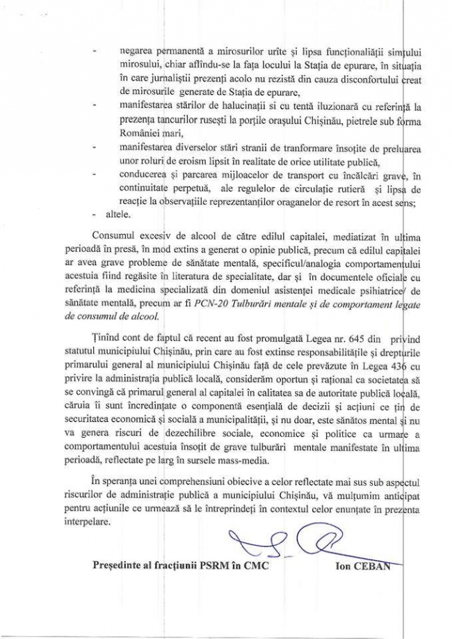 Ceban cere investigarea starii "psihiatrice" a primarului: "Negarea mirosurilor urate". Ce alte motive invoca socialistul