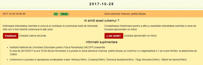 Un cutremur de 4,1 grade s-a produs astăzi în munții Vrancea