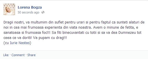 Bogza, mesaj emotionant dupa ce a devenit mamica!