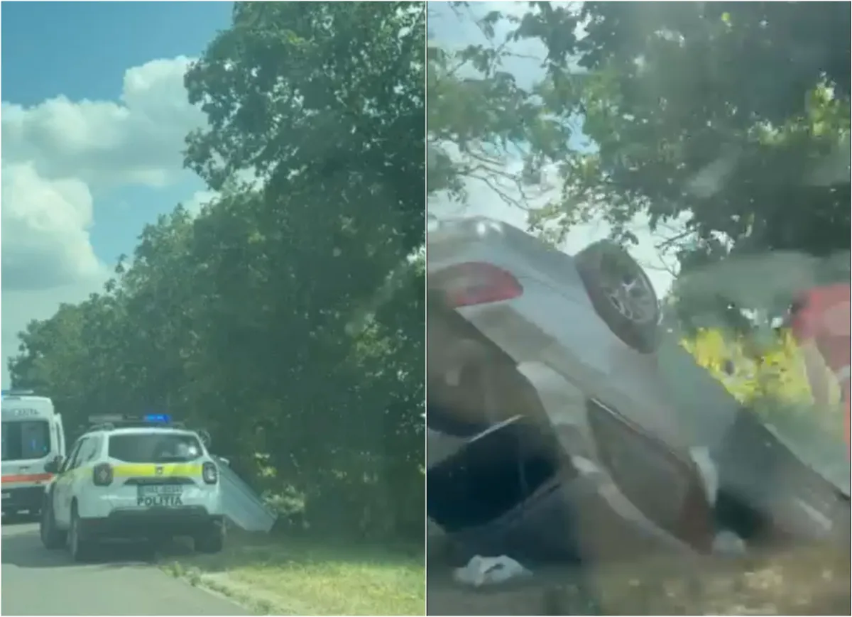 Accident grav în apropiere de Baccealia: O mașină s-a răsturnat într-un șanț. Poliția și ambulanța au intervenit - VIDEO