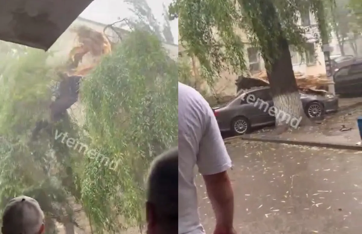 Ploile torențiale și vântul puternic au făcut ravagii în mai multe regiuni ale țării. Momentul în care o creangă uriașă s-a prăbușit peste o mașină la Chișinău - VIDEO