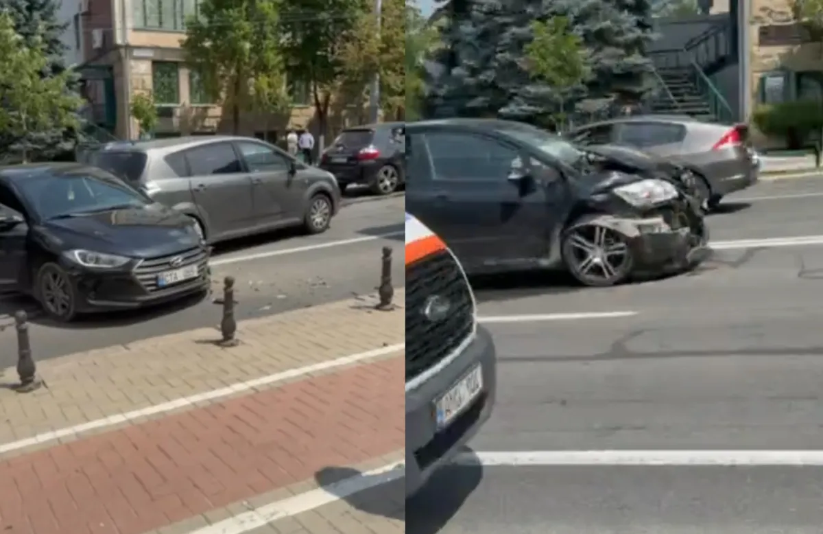 Carambol în centrul Chișinăului: doi șoferi au fost răniți, după ce trei mașini s-au ciocnit. Imagini de la locul impactului - VIDEO