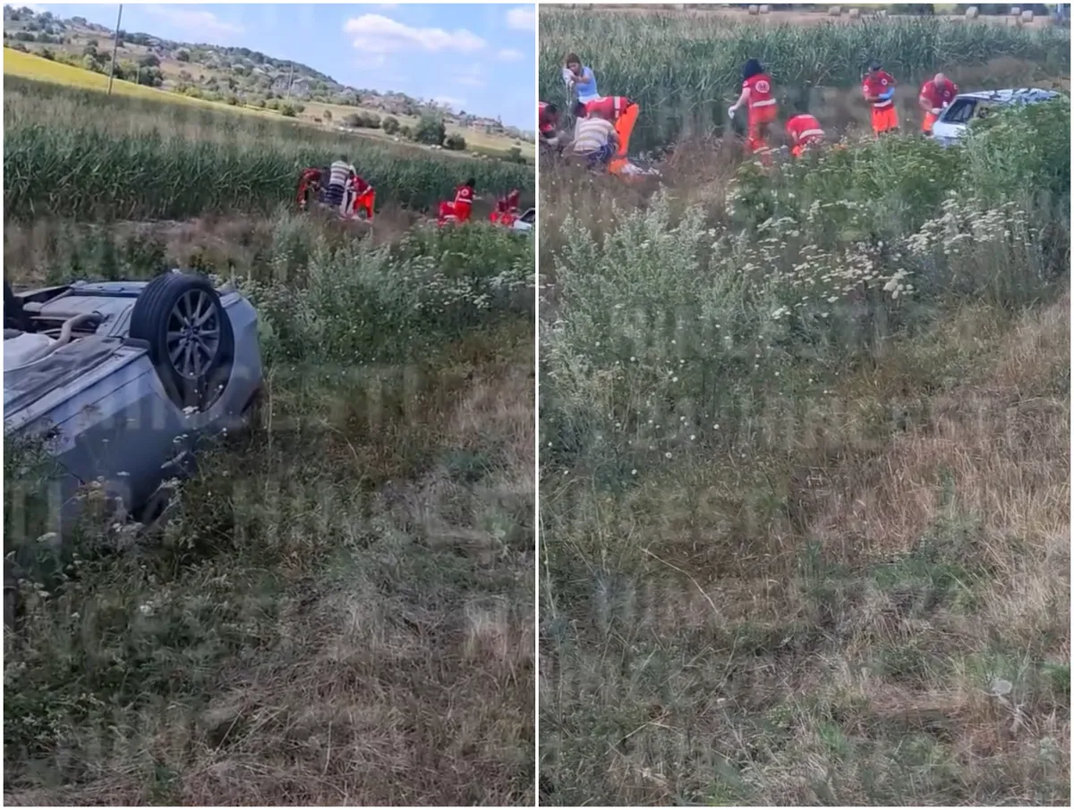 Accident violent la intrarea în Hîncești: trei persoane au fost rănite după impactul dintre două automobile. Una dintre mașini s-a răsturnat în șanț - VIDEO