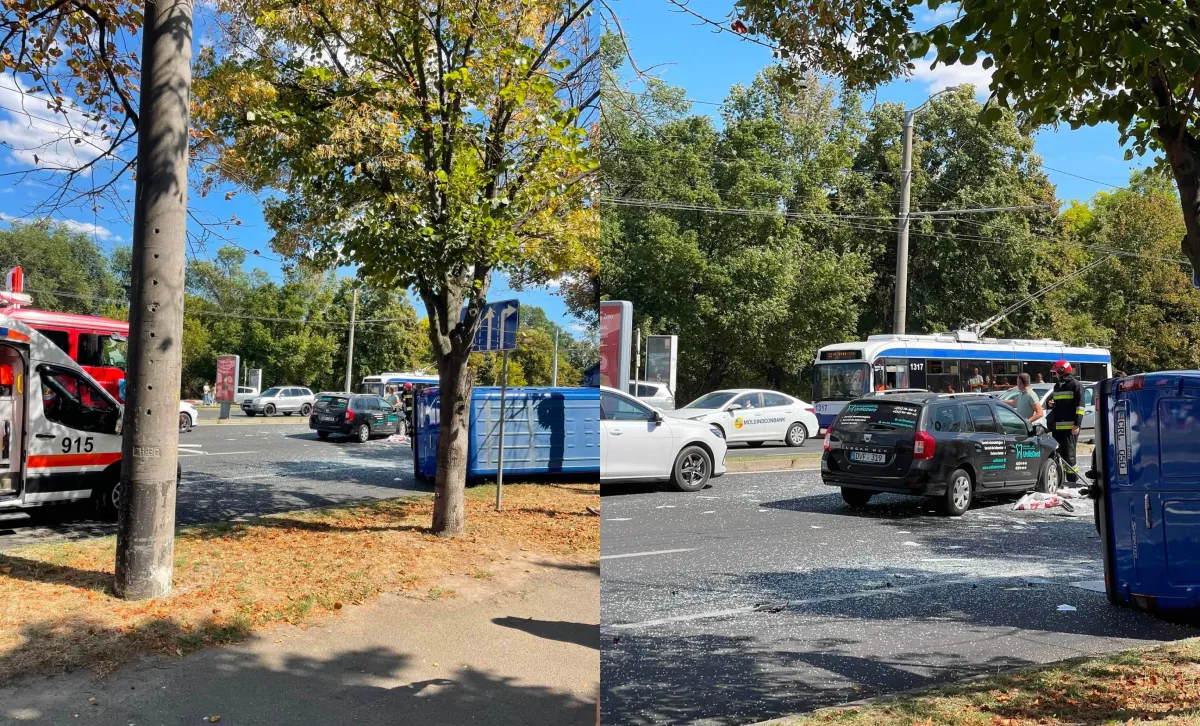 Accident în sectorul Botanica al capitalei: Un automobil grav avariat, iar un microbuz s-a răsturnat. Echipele de intervenție, la locul impactului - VIDEO