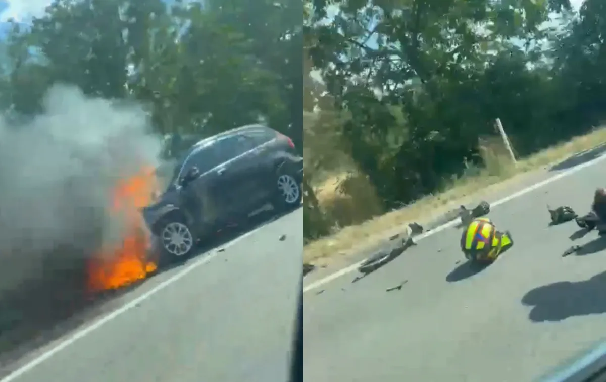 Accident violent pe șoseaua Balcani: O mașină, cuprinsă de flăcări, iar un motociclist este observat la pământ - VIDEO