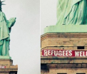 Un banner pe care scria "Refugees Welcome" a fost agatat de Statuia Libertatii din New York. Ce s-a intamplat in scurt timp