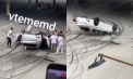 Accident violent la un campionat de Drag Racing: O femeie a fost transportată la spital, după ce s-a izbit cu mașina de un perete și s-a răsturnat. Momentul - surprins de martori - VIDEO
