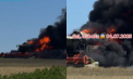 O combină agricolă, făcută scrum de flăcări, la Sîngerei: S-a aprins chiar în timp ce efectua lucrări de recoltare pe un câmp - VIDEO