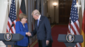 Presedintele american a avut al doilea oaspete european. Angela Merkel a incercat sa-l convinga pe liderul american sa nu retraga Statele Unite din acordul nuclear cu Iranul - VIDEO