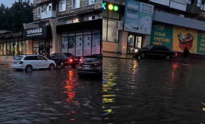 Ploaia a făcut ravagii la Ungheni: Străzi inundate și mașini care circulă pe trotuar, pentru a se putea deplasa - VIDEO