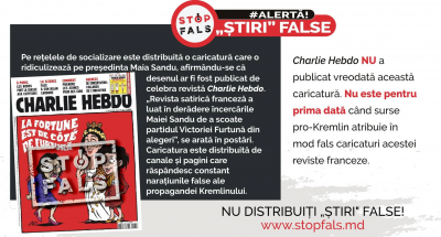 Pe rețelele de socializare este distribuită o caricatură, atribuită revistei franceze Charlie Hebdo, care ar fi luat-o în derâdere pe președintele Maia Sandu: Este un FALS