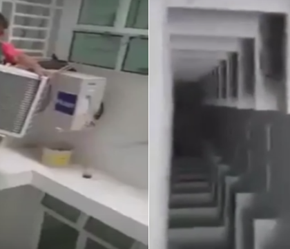 Cum instaleaza acest muncitor chinez un aparat de aer conditionat intr-un bloc turn. Imaginile te tin cu sufletul la gura Cum instaleaza acest muncitor chinez un aparat de aer conditionat intr-un bloc turn. Imaginile te tin cu sufletul la gura
