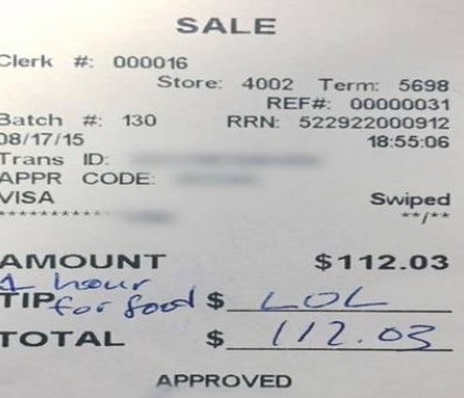 Mesajul lasat de un client pe un bon de 112 dolari pentru o chelnerita din Statele Unite Mesajul lasat de un client pe un bon de 112 dolari pentru o chelnerita din Statele Unite