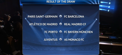 Tragerea la sorti pentru sferturile Champions League! PSG - Barcelona, Atletico - Real Madrid, Porto - Bayern, Juventus - Monaco Tragerea la sorti pentru sferturile Champions League! PSG - Barcelona, Atletico - Real Madrid, Porto - Bayern, Juventus - Monaco