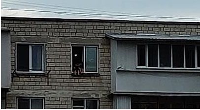 Imagini socante. Doi copii stau pe pervazul unui geam de la etajul 5, cu picioarele in gol - FOTO