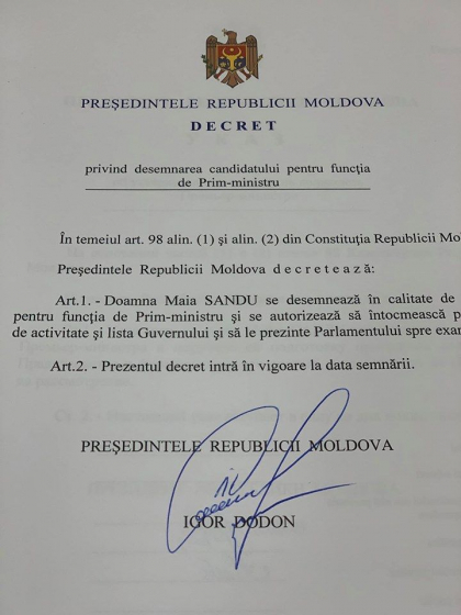 Maia Sandu este noul prim-ministru al Republicii Moldova. Igor Dodon a semnat decretul - FOTO