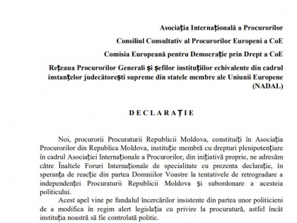 Asociatia procurorilor din Moldova au semnat o declaratie prin care cer organelor internationale sa reactioneze la faptul ca unii politicieni vor sa modifice in regim alert legislatia cu privire la procuratura, astfel incat institutia sa fie controlata politic /DOC Asociatia procurorilor din Moldova au semnat o declaratie prin care cer organelor internationale sa reactioneze la faptul ca unii politicieni vor sa modifice in regim alert legislatia cu privire la procuratura, astfel incat institutia sa fie controlata politic /DOC