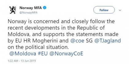 Ministerul de Externe al Norvegiei sustine afirmatiile facute de Federica Mogherini si secretarul general al Consiliului Europei, Thorbjørn Jagland, privind situatia politica din RM Ministerul de Externe al Norvegiei sustine afirmatiile facute de Federica Mogherini si secretarul general al Consiliului Europei, Thorbjørn Jagland, privind situatia politica din RM