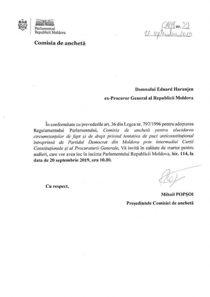 Ex-procurorul general, Eduard Harunjen, si alte 6 persoane care au detinut functii importante in stat, asteptate de Comisia de ancheta pentru elucidarea circumstantelor privind tentativa de puci anticonstitutional intreprinsa de PD prin intermediul CC si al PG, la parlament pentru a fi audiate - DOC Ex-procurorul general, Eduard Harunjen, si alte 6 persoane care au detinut functii importante in stat, asteptate de Comisia de ancheta pentru elucidarea circumstantelor privind tentativa de puci anticonstitutional intreprinsa de PD prin intermediul CC si al PG, la parlament pentru a fi audiate - DOC