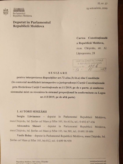 Sergiu Litvinenco, Alexandru Slusari si Vasile Bolea au depus o sesizare la CC. Acestia solicita raspuns la intrebarea „pe baza carui sistem electoral urmeaza sa aiba loc alegerile parlamentare anticipate in situatia in care acestea vor avea loc?” - DOC Sergiu Litvinenco, Alexandru Slusari si Vasile Bolea au depus o sesizare la CC. Acestia solicita raspuns la intrebarea „pe baza carui sistem electoral urmeaza sa aiba loc alegerile parlamentare anticipate in situatia in care acestea vor avea loc?” - DOC