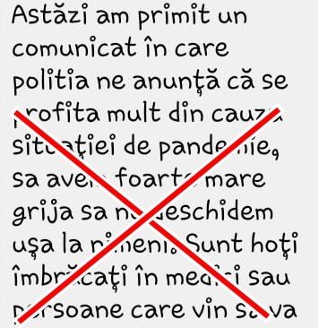 STOP FALS. Politia dezminte informatia, aparuta pe internet, precum ca hoti deghizati in medici intra in casele oamenilor