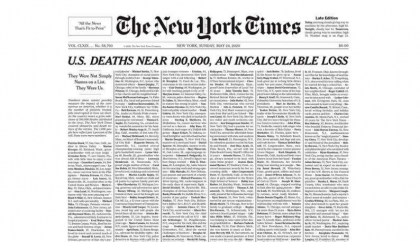 SUA: New York Times si-a umplut prima pagina cu nume de persoane decedate din cauza COVID-19
