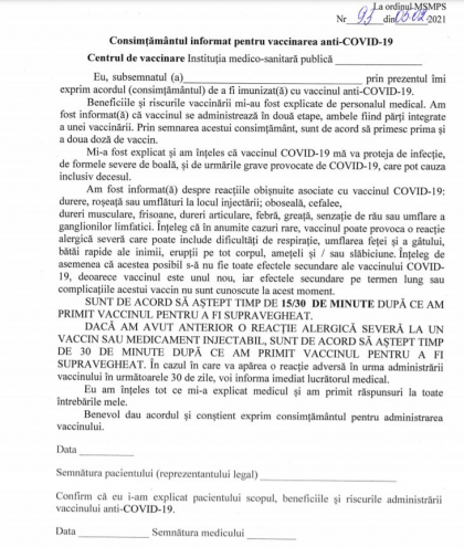 Documentul pe care trebuie sa-l semneze un moldovean, inainte sa fie vaccinat impotriva coronavirusului. Ce reactii adverse poate avea imunizarea / DOC