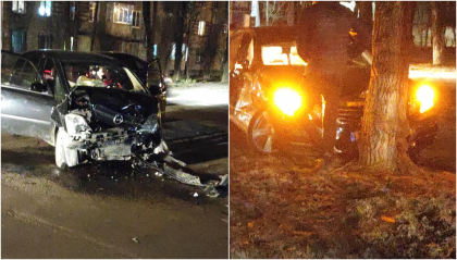 S-a infipt cu Mercedesul intr-un copac. Impact puternic pe o strada din capitala: doua persoane - transportate la spital