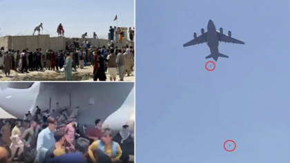 VIDEO socant. Momentul in care doua persoane au cazut dintr-un avion militar, in incercarea de parasi Afganistanul