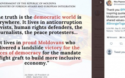 Presedintele Biden, laude pentru Republica Moldova de la tribuna ONU: ”Lumea democratica este peste tot (…) Traieste in mandrii moldoveni care au obtinut o victorie rasunatoare pentru fortele democratiei”