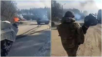 Momente dramatice in Ucraina. Tancuri si blindate rusesti, prinse intr-o ambuscada. Soldatii ucraineni apar cu rachetele antitanc NLAW - VIDEO