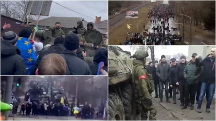 Rezistenta civililor: ucrainenii de rand se pun in fata convoaielor rusesti. Cu steagul UE pe umeri striga „Plecati acasa” - VIDEO
