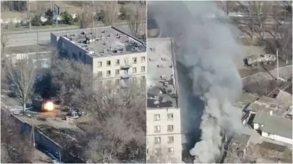 Blindatele rusesti, prinse intr-o ambuscada. Imagini din drona cu luptele de la marginea Mariupolului - VIDEO