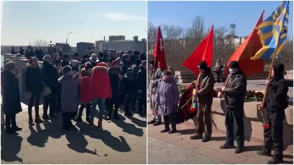 Realitate paralela a Rusiei: Cateva zeci de oameni din Herson, cu flori rosii in mana, striga „Spasiba” in fata unui monument sovietic - VIDEO
