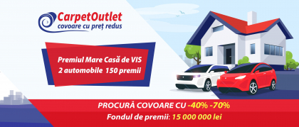 Castiga o Casa de Vis, doua automobile si 150 de Super Premii de la Carpet Outlet!!!
Castiga o Casa de Vis, doua automobile si 150 de Super Premii de la Carpet Outlet!!!