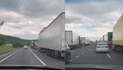 Zeci de kilometri de camioane cu marfa stau in rand pentru a iesi din tara, la Leuseni. Explicatiile Serviciului Vamal: „Frontiera este suprasolicitata” - VIDEO
