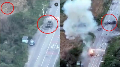 Cum se vede din drona zborul unei rachete Javelin care loveste in plin un tanc rusesc. Un alt blindat o ia la fuga imediat - VIDEO