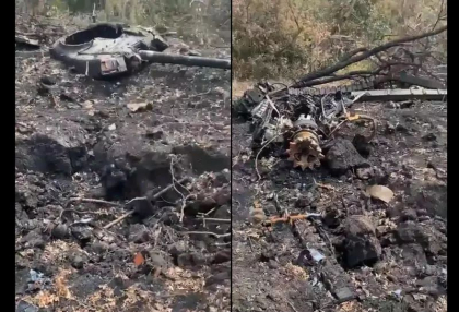 Ce ramane in urma unui tanc T-80U rusesc cand ucrainenii reusesc sa-l loveasca de sus cu o arma antitanc - VIDEO 