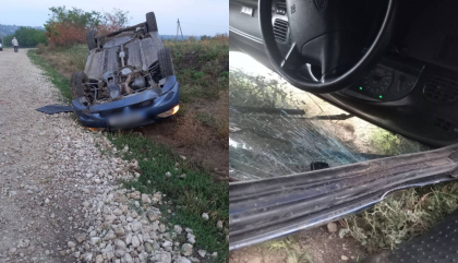 Accident grav la Drochia. Doua persoane - transportate la spital, dupa ce masina in care se aflau s-a inversat. Soferul era baut si fara permis de conducere - FOTO 