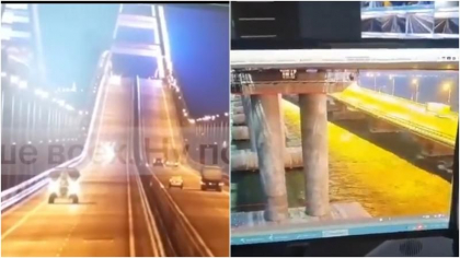  Momentul exploziei de pe Podul Kerci care leaga Crimeea de Rusia - VIDEO