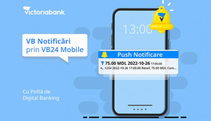 Victoriabank lanseaza un nou serviciu gratuit - Notificarile push prin VB24 Mobile
Victoriabank lanseaza un nou serviciu gratuit - Notificarile push prin VB24 Mobile
