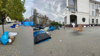 Caserole, pungi, hartii si corturi imprasitate. Cum arata centrul capitalei, dupa ce protestatarii partidului SOR au plecat din fata Procuraturii Generale - FOTO