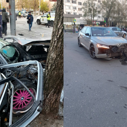 Accident rutier la o intersectie din capitala. Doua automobile s-au ciocnit violent - FOTO
