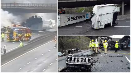 Camion rupt in doua si cuprins de flacari, cabina a fost aruncata de pe sasiu si motorul imprastiat pe carosabil, pe o autostrada din Anglia - FOTO Camion rupt in doua si cuprins de flacari, cabina a fost aruncata de pe sasiu si motorul imprastiat pe carosabil, pe o autostrada din Anglia - FOTO