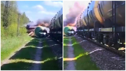 Cale ferata aruncata in aer in Rusia. Un tren care transporta combustibil a deraiat - VIDEO