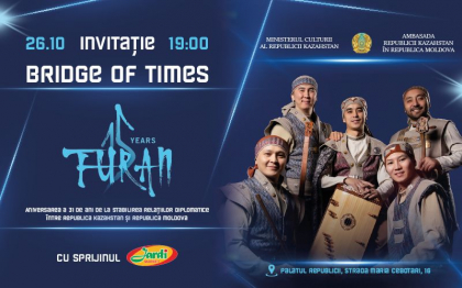 Sarbatoreste cu noi! In cinstea Zilei Republicii Kazahstan si a celei de-a 31-a aniversari a relatiilor diplomatice kazah-moldovenesti, va invitam la un concert de neuitat al ansamblului etno-folcloric „Turan” Sarbatoreste cu noi! In cinstea Zilei Republicii Kazahstan si a celei de-a 31-a aniversari a relatiilor diplomatice kazah-moldovenesti, va invitam la un concert de neuitat al ansamblului etno-folcloric „Turan”